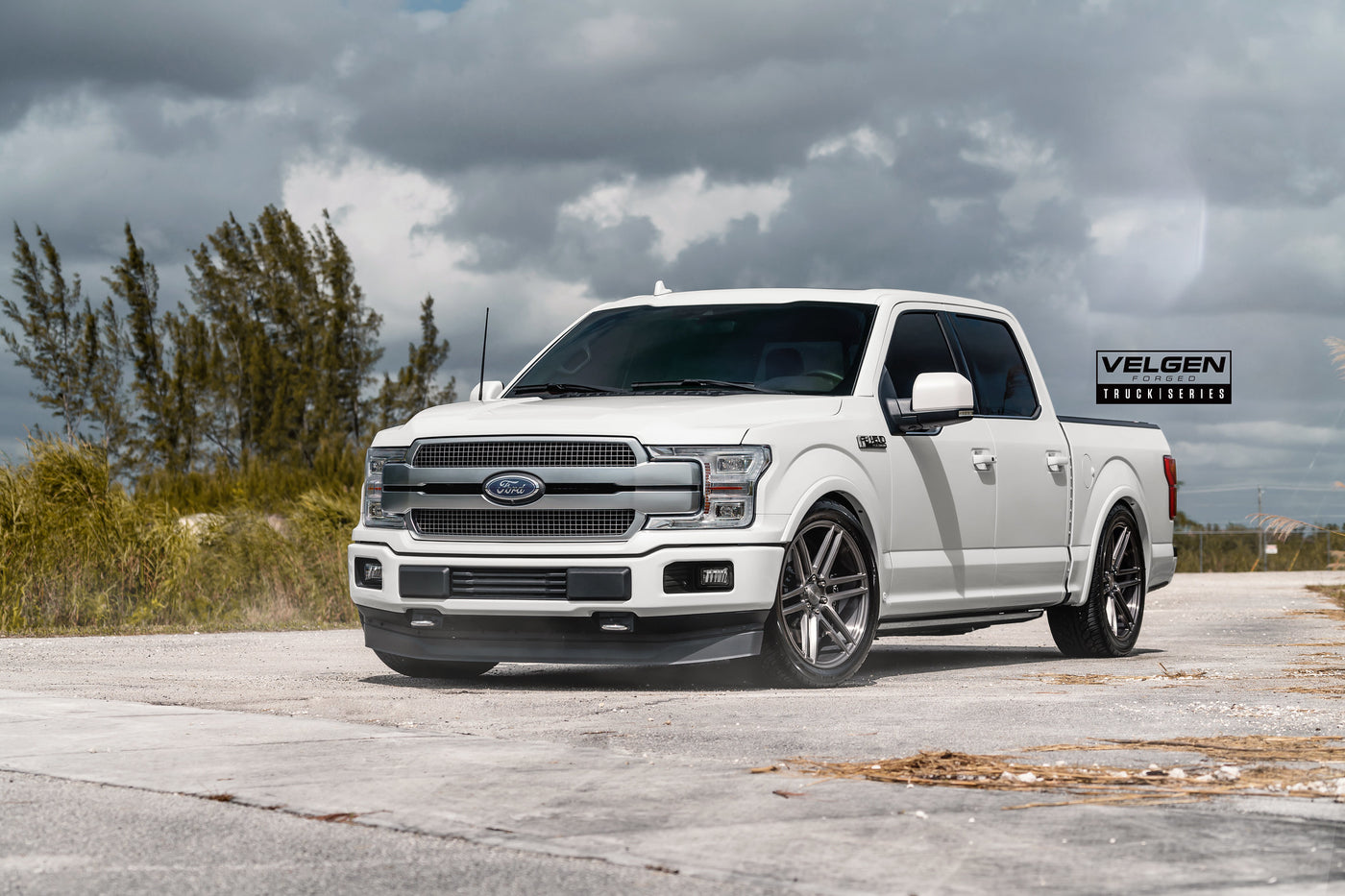 Ford F150 Platinum lowered Belltech suspension   Velgen Forged Truck Series VFT6 22” Brushed Titanium Wheels.