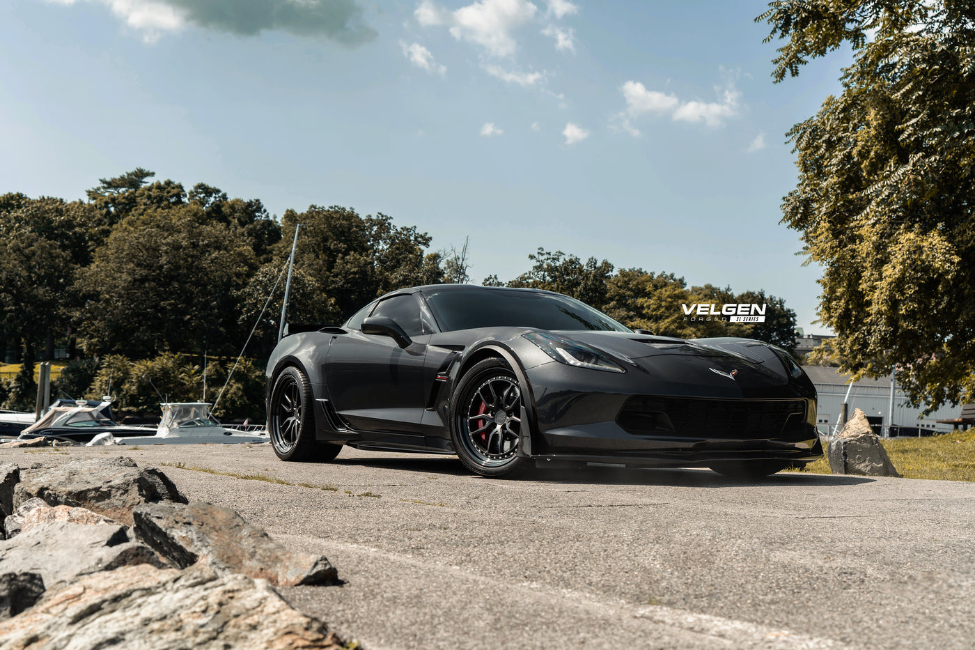 Chevy Corvette Grand Sport   / Lowered / Velgen Forged SL-10 Satin Balck Center / Gloss Black Lip  20x10 & 20x12
